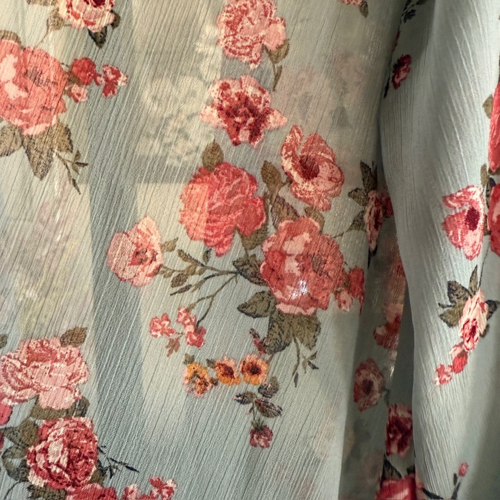 Floral Sheer Kimono Duster with Crochet Light Blue Pink Boho Layering Romantic - Picture 6 of 16